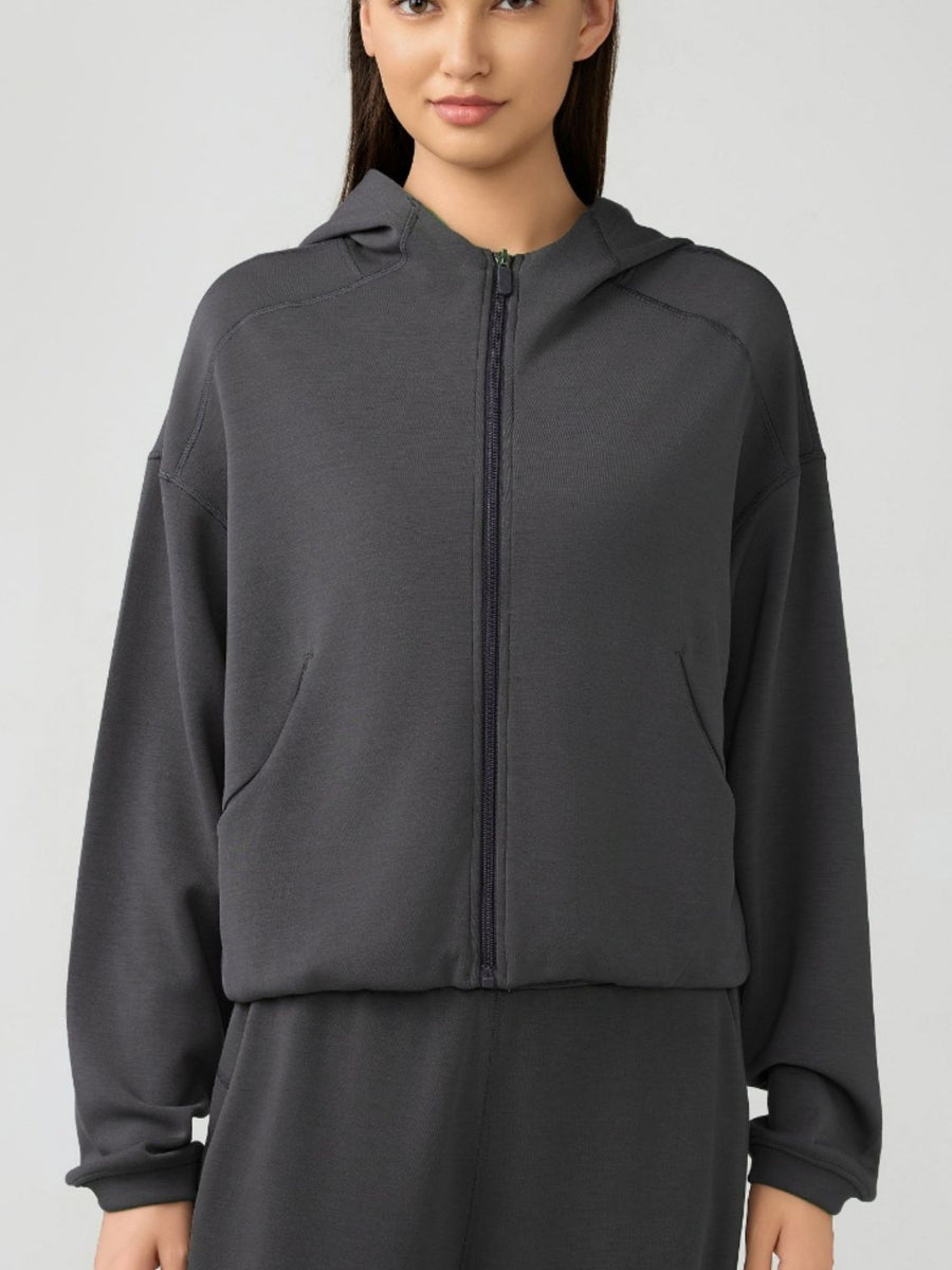 Zip Up Dropped Shoulder Active Hooded